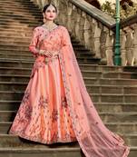PEACH RESHAM EMBROIDERED SATIN DESIGNER BRIDAL WEDDING & PARTY WEAR FESTIVAL SEMI STITCHED LEHENGA