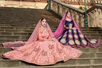 PEACH RESHAM EMBROIDERED SATIN DESIGNER BRIDAL WEDDING & PARTY WEAR FESTIVAL SEMI STITCHED LEHENGA 2