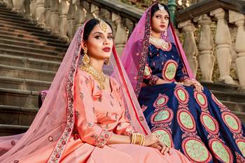 PEACH RESHAM EMBROIDERED SATIN DESIGNER BRIDAL WEDDING & PARTY WEAR FESTIVAL SEMI STITCHED LEHENGA 3