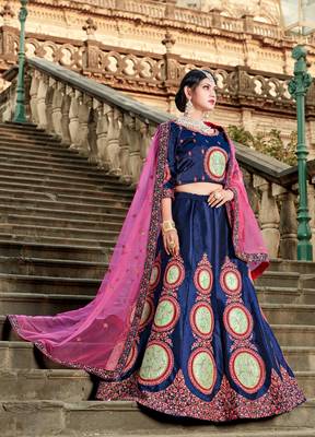 NAVY BLUE RESHAM EMBROIDERED SATIN DESIGNER BRIDAL WEDDING & PARTY WEAR FESTIVAL SEMI STITCHED LEHENGA 1