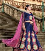 NAVY BLUE RESHAM EMBROIDERED SATIN DESIGNER BRIDAL WEDDING & PARTY WEAR FESTIVAL SEMI STITCHED LEHENGA
