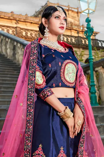 NAVY BLUE RESHAM EMBROIDERED SATIN DESIGNER BRIDAL WEDDING & PARTY WEAR FESTIVAL SEMI STITCHED LEHENGA