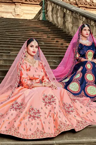 NAVY BLUE RESHAM EMBROIDERED SATIN DESIGNER BRIDAL WEDDING & PARTY WEAR FESTIVAL SEMI STITCHED LEHENGA