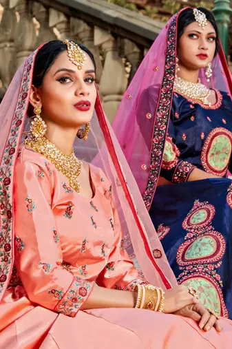 NAVY BLUE RESHAM EMBROIDERED SATIN DESIGNER BRIDAL WEDDING & PARTY WEAR FESTIVAL SEMI STITCHED LEHENGA