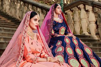 NAVY BLUE RESHAM EMBROIDERED SATIN DESIGNER BRIDAL WEDDING & PARTY WEAR FESTIVAL SEMI STITCHED LEHENGA 5