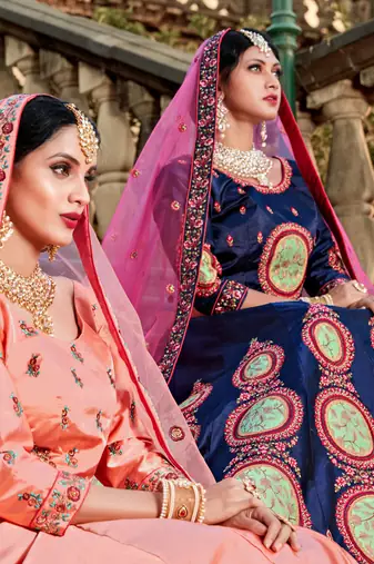 NAVY BLUE RESHAM EMBROIDERED SATIN DESIGNER BRIDAL WEDDING & PARTY WEAR FESTIVAL SEMI STITCHED LEHENGA