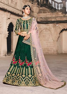 GREEN THREAD & DORI EMBROIDERED TAFFETA DESIGNER BRIDAL WEDDING & PARTY WEAR FESTIVAL SEMI STITCHED LEHENGA 1