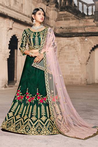 GREEN THREAD & DORI EMBROIDERED TAFFETA DESIGNER BRIDAL WEDDING & PARTY WEAR FESTIVAL SEMI STITCHED LEHENGA