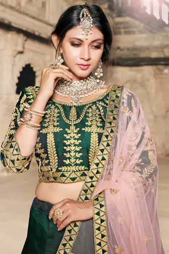 GREEN THREAD & DORI EMBROIDERED TAFFETA DESIGNER BRIDAL WEDDING & PARTY WEAR FESTIVAL SEMI STITCHED LEHENGA