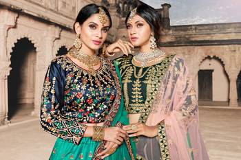 GREEN THREAD & DORI EMBROIDERED TAFFETA DESIGNER BRIDAL WEDDING & PARTY WEAR FESTIVAL SEMI STITCHED LEHENGA 3