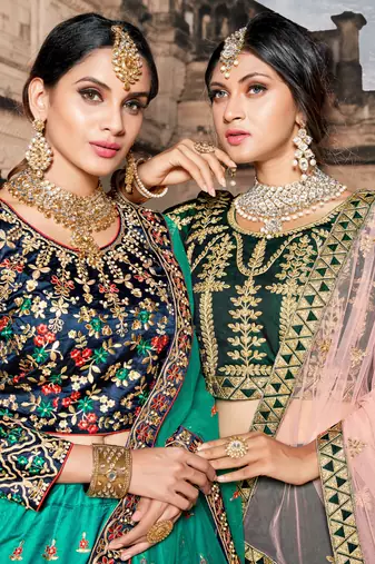 GREEN THREAD & DORI EMBROIDERED TAFFETA DESIGNER BRIDAL WEDDING & PARTY WEAR FESTIVAL SEMI STITCHED LEHENGA