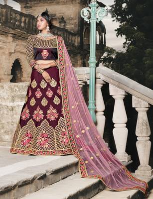 WINE THREAD & DORI EMBROIDERED TAFFETA DESIGNER BRIDAL WEDDING & PARTY WEAR FESTIVAL SEMI STITCHED LEHENGA 1