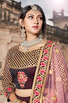 WINE THREAD & DORI EMBROIDERED TAFFETA DESIGNER BRIDAL WEDDING & PARTY WEAR FESTIVAL SEMI STITCHED LEHENGA 2