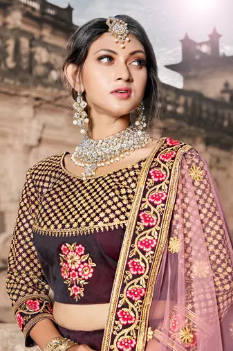 WINE THREAD & DORI EMBROIDERED TAFFETA DESIGNER BRIDAL WEDDING & PARTY WEAR FESTIVAL SEMI STITCHED LEHENGA