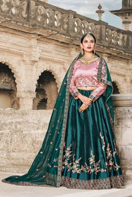 TURQUOISE RESHAM EMBROIDERED SATIN DESIGNER BRIDAL WEDDING & PARTY WEAR FESTIVAL SEMI STITCHED LEHENGA 1
