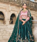 TURQUOISE RESHAM EMBROIDERED SATIN DESIGNER BRIDAL WEDDING & PARTY WEAR FESTIVAL SEMI STITCHED LEHENGA
