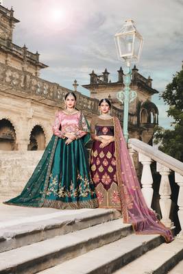 TURQUOISE RESHAM EMBROIDERED SATIN DESIGNER BRIDAL WEDDING & PARTY WEAR FESTIVAL SEMI STITCHED LEHENGA 3