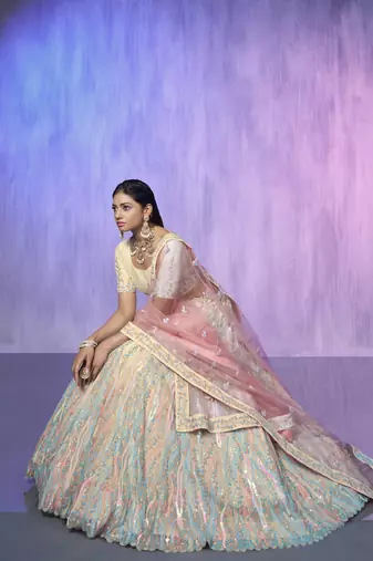 OFF WHITE HEAVY EMBROIDERED ORGANZA DESIGNER BRIDAL WEDDING & PARTY WEAR FESTIVAL SEMI STITCHED LEHENGA