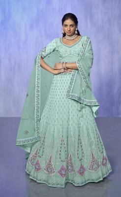 AQUA HEAVY EMBROIDERED GEORGETTE DESIGNER BRIDAL WEDDING & PARTY WEAR FESTIVAL SEMI STITCHED LEHENGA 1