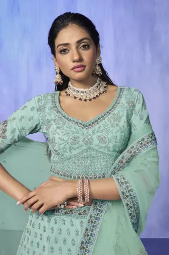 AQUA HEAVY EMBROIDERED GEORGETTE DESIGNER BRIDAL WEDDING & PARTY WEAR FESTIVAL SEMI STITCHED LEHENGA