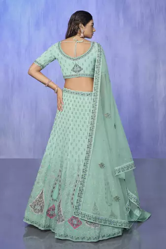 AQUA HEAVY EMBROIDERED GEORGETTE DESIGNER BRIDAL WEDDING & PARTY WEAR FESTIVAL SEMI STITCHED LEHENGA