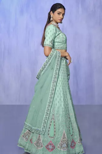 AQUA HEAVY EMBROIDERED GEORGETTE DESIGNER BRIDAL WEDDING & PARTY WEAR FESTIVAL SEMI STITCHED LEHENGA