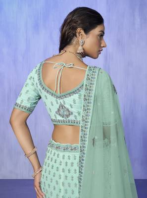 AQUA HEAVY EMBROIDERED GEORGETTE DESIGNER BRIDAL WEDDING & PARTY WEAR FESTIVAL SEMI STITCHED LEHENGA 5