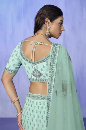 AQUA HEAVY EMBROIDERED GEORGETTE DESIGNER BRIDAL WEDDING & PARTY WEAR FESTIVAL SEMI STITCHED LEHENGA