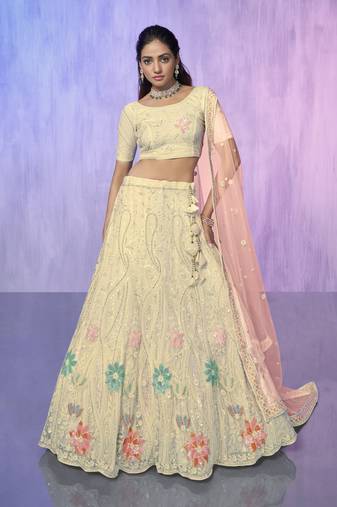 OFF WHITE HEAVY EMBROIDERED NET DESIGNER BRIDAL WEDDING & PARTY WEAR FESTIVAL SEMI STITCHED LEHENGA