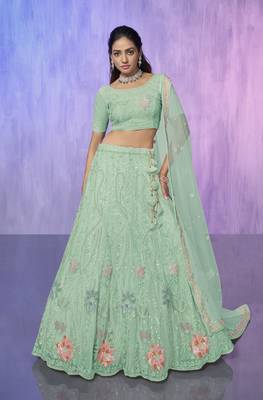 AQUA HEAVY EMBROIDERED NET DESIGNER BRIDAL WEDDING & PARTY WEAR FESTIVAL SEMI STITCHED LEHENGA 2