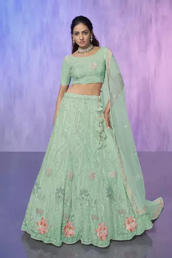 AQUA HEAVY EMBROIDERED NET DESIGNER BRIDAL WEDDING & PARTY WEAR FESTIVAL SEMI STITCHED LEHENGA