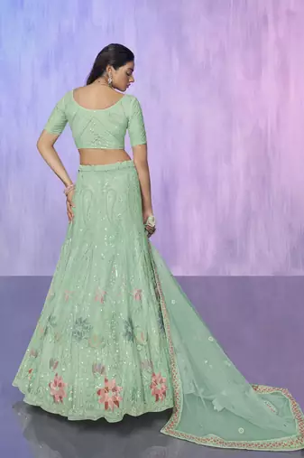 AQUA HEAVY EMBROIDERED NET DESIGNER BRIDAL WEDDING & PARTY WEAR FESTIVAL SEMI STITCHED LEHENGA