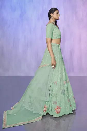 AQUA HEAVY EMBROIDERED NET DESIGNER BRIDAL WEDDING & PARTY WEAR FESTIVAL SEMI STITCHED LEHENGA