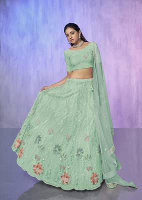 AQUA HEAVY EMBROIDERED NET DESIGNER BRIDAL WEDDING & PARTY WEAR FESTIVAL SEMI STITCHED LEHENGA 5