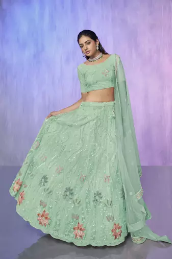 AQUA HEAVY EMBROIDERED NET DESIGNER BRIDAL WEDDING & PARTY WEAR FESTIVAL SEMI STITCHED LEHENGA
