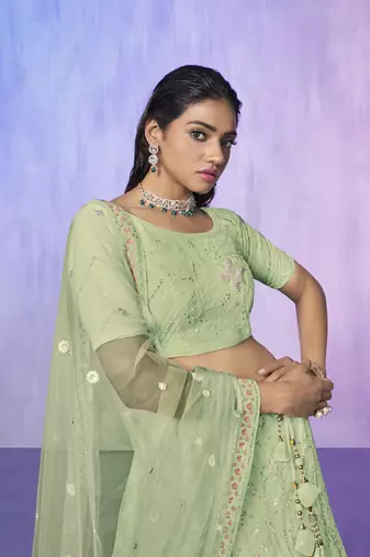 SEA GREEN HEAVY EMBROIDERED NET DESIGNER BRIDAL WEDDING & PARTY WEAR FESTIVAL SEMI STITCHED LEHENGA