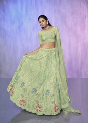 SEA GREEN HEAVY EMBROIDERED NET DESIGNER BRIDAL WEDDING & PARTY WEAR FESTIVAL SEMI STITCHED LEHENGA 5