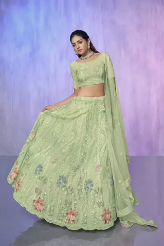 SEA GREEN HEAVY EMBROIDERED NET DESIGNER BRIDAL WEDDING & PARTY WEAR FESTIVAL SEMI STITCHED LEHENGA