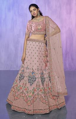 PEACH HEAVY EMBROIDERED GEORGETTE DESIGNER BRIDAL WEDDING & PARTY WEAR FESTIVAL SEMI STITCHED LEHENGA 1