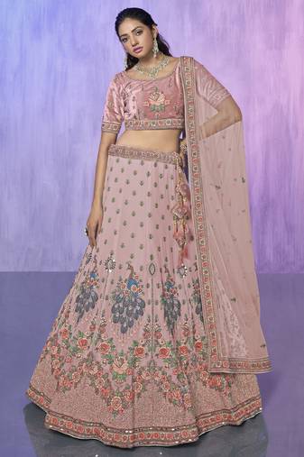 PEACH HEAVY EMBROIDERED GEORGETTE DESIGNER BRIDAL WEDDING & PARTY WEAR FESTIVAL SEMI STITCHED LEHENGA