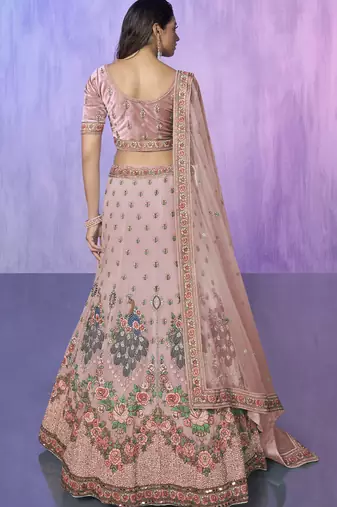 PEACH HEAVY EMBROIDERED GEORGETTE DESIGNER BRIDAL WEDDING & PARTY WEAR FESTIVAL SEMI STITCHED LEHENGA