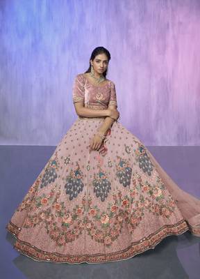 PEACH HEAVY EMBROIDERED GEORGETTE DESIGNER BRIDAL WEDDING & PARTY WEAR FESTIVAL SEMI STITCHED LEHENGA 4
