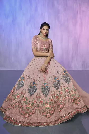 PEACH HEAVY EMBROIDERED GEORGETTE DESIGNER BRIDAL WEDDING & PARTY WEAR FESTIVAL SEMI STITCHED LEHENGA