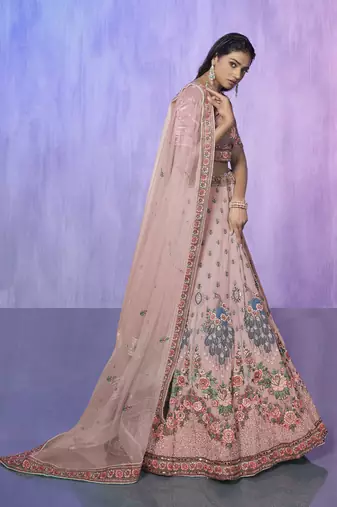 PEACH HEAVY EMBROIDERED GEORGETTE DESIGNER BRIDAL WEDDING & PARTY WEAR FESTIVAL SEMI STITCHED LEHENGA