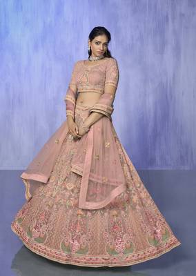 PEACH HEAVY EMBROIDERED NET DESIGNER BRIDAL WEDDING & PARTY WEAR FESTIVAL SEMI STITCHED LEHENGA 1