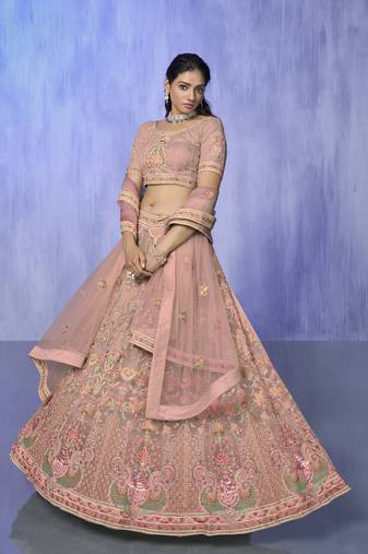 PEACH HEAVY EMBROIDERED NET DESIGNER BRIDAL WEDDING & PARTY WEAR FESTIVAL SEMI STITCHED LEHENGA