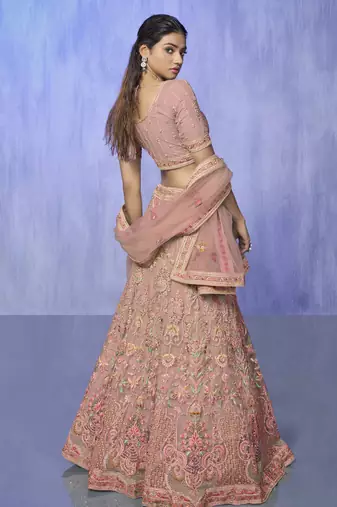 PEACH HEAVY EMBROIDERED NET DESIGNER BRIDAL WEDDING & PARTY WEAR FESTIVAL SEMI STITCHED LEHENGA