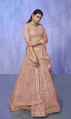PEACH HEAVY EMBROIDERED NET DESIGNER BRIDAL WEDDING & PARTY WEAR FESTIVAL SEMI STITCHED LEHENGA 4