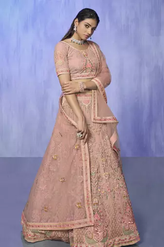 PEACH HEAVY EMBROIDERED NET DESIGNER BRIDAL WEDDING & PARTY WEAR FESTIVAL SEMI STITCHED LEHENGA