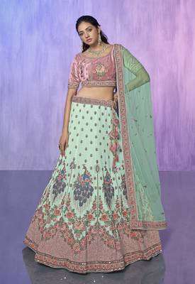AQUA HEAVY EMBROIDERED GEORGETTE DESIGNER BRIDAL WEDDING & PARTY WEAR FESTIVAL SEMI STITCHED LEHENGA 1